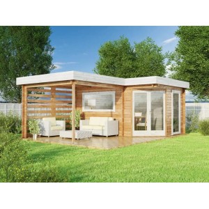 Unbehandeltes Alpholz Holz-Gartenhaus Pepe Optima mit Flachdach und Terrasse im Garten.