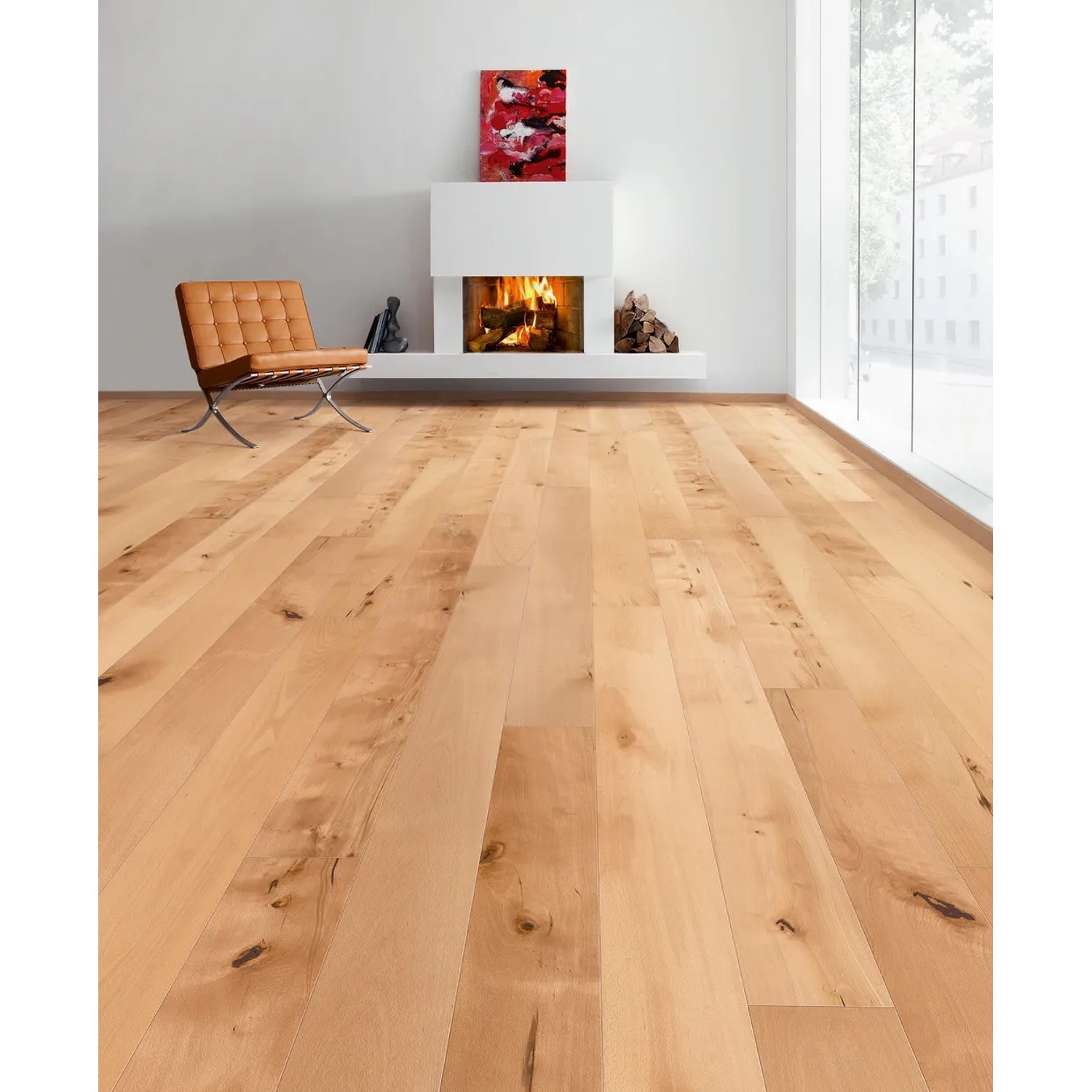 Helle Living by Haro Landhausdiele Buche Naturöl strukturiert im Wohnraum mit Kamin.