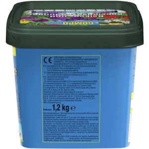 Compo Balkon- und Kübelpflanzendünger, 1,2 kg im blauen Eimer mit grünen Deckel.
