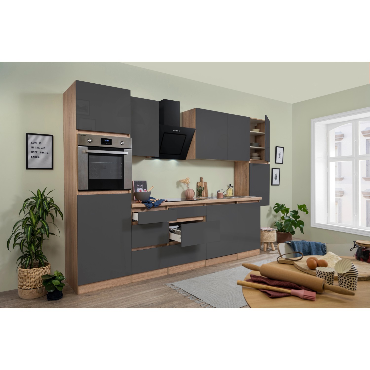Respekta Küchenzeile/Küchenblock GLRP330HESG Grifflos 330 cm Grau Hochglanz-Sonoma Eiche