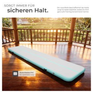 Tectake Airtrack Trainingsmatte, aufgeblasen in Grau/Blau, für Camping und Sport.
