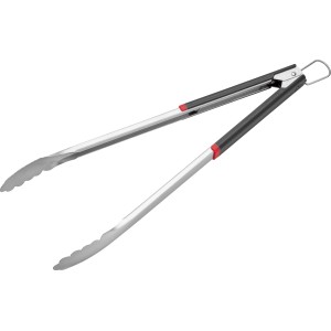 Jamestown Grillzange aus Edelstahl mit schwarzem Griff und Aufhängeöse.