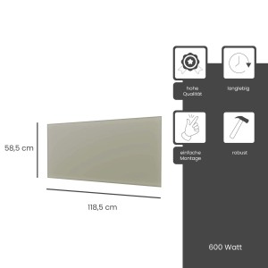 Fenix Infrarotheizung ECOSUN Glasheizung, 600W, Basalt, mit Maßangaben und Icons zu Produkteigenschaften.