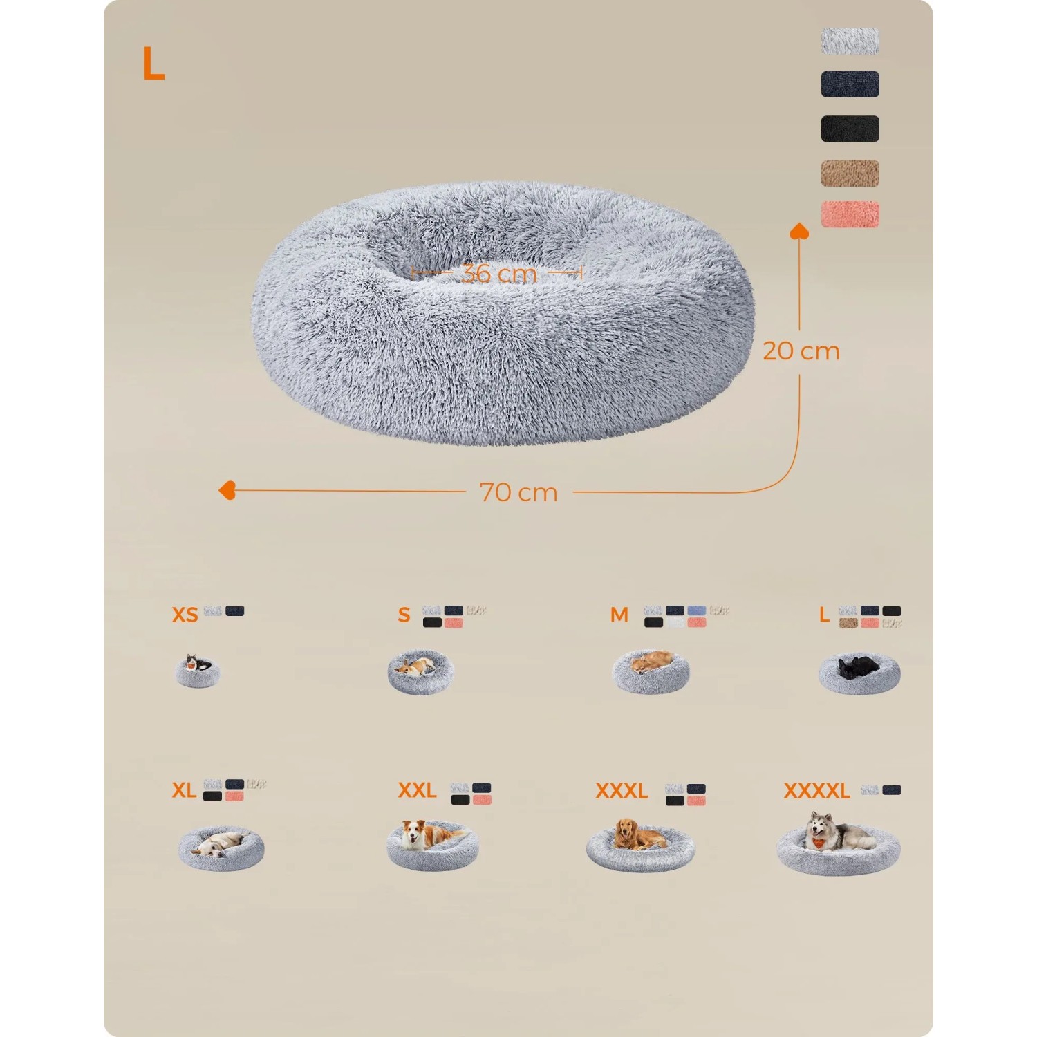 Graues, flauschiges Feandrea Hundebett, 70 cm Durchmesser, 20 cm hoch, mit weicher Plüsch-Liegefläche.