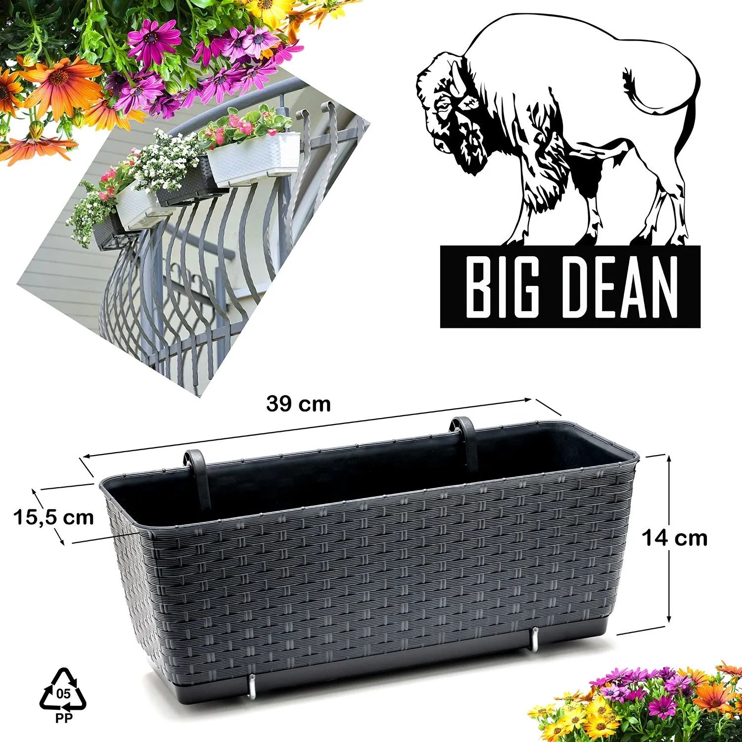 BigDean 4er Set Blumenkästen für Balkon-Geländer Rattan Optik Anthrazit Balkonkästen mit Metall Halterung und Bewässerungssystem_6