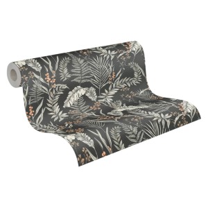 PROFHOME Vliestapete mit Blumenmuster in Schwarz, Weiß und Orange. Dekorative Tapete für Wohnräume.