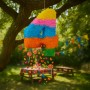 Bunte Zahlen-Pinata '4' aus Papier hängt im Garten, Süßigkeiten fallen heraus. Perfekt für Geburtstagsparty & Geschenkartikel.