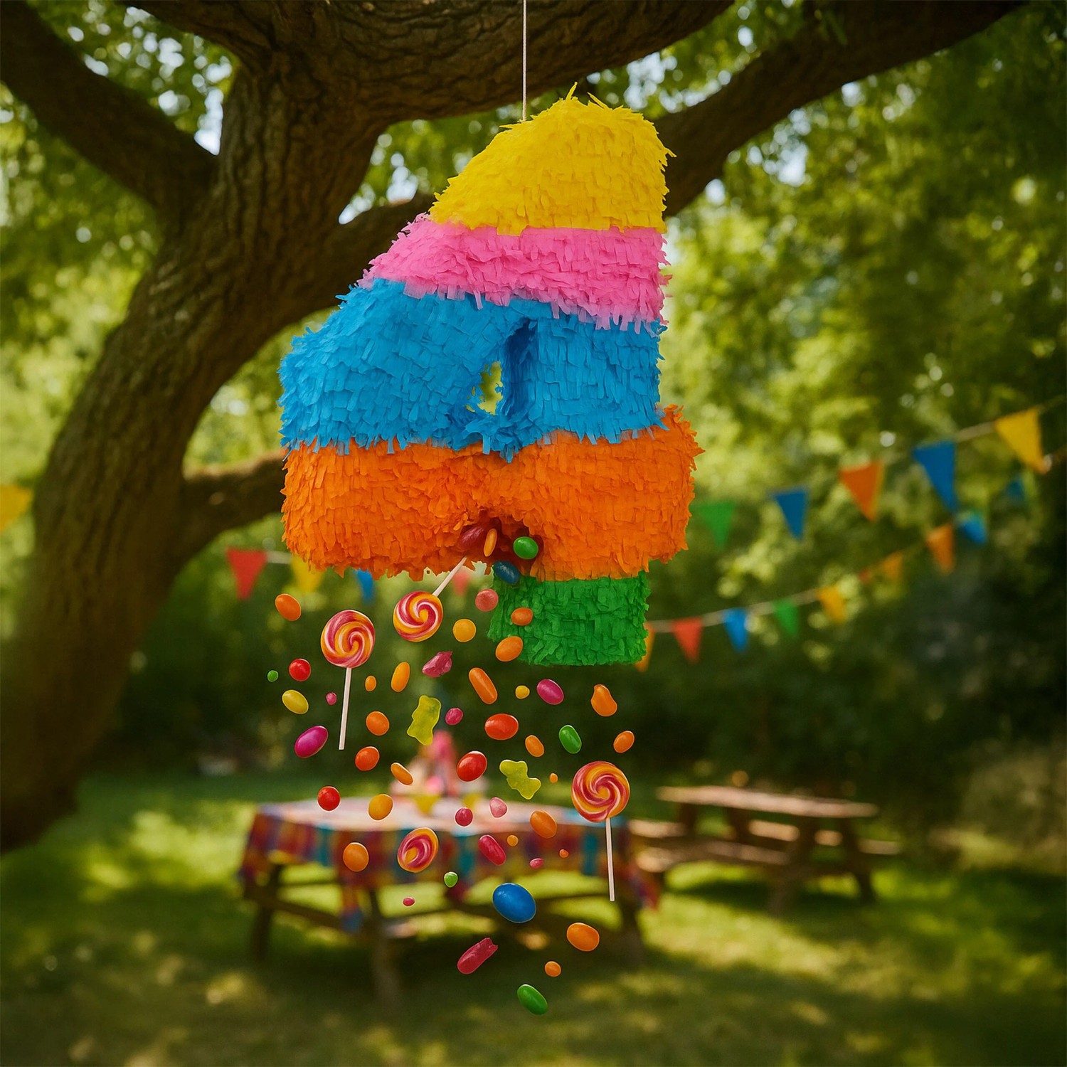 Bunte Zahlen-Pinata '4' aus Papier hängt im Garten, Süßigkeiten fallen heraus. Perfekt für Geburtstagsparty & Geschenkartikel.