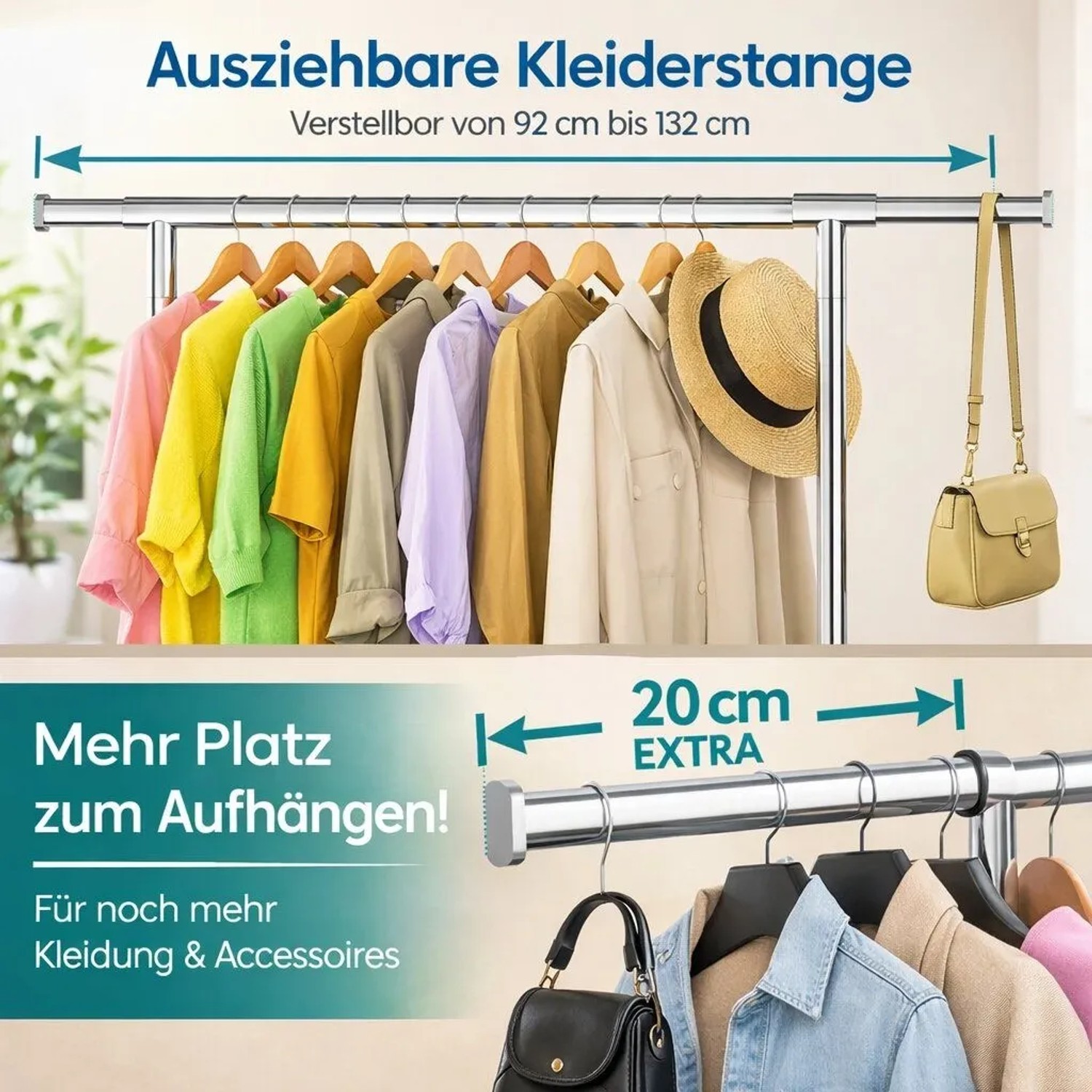 BigDean Kleiderständer auf Rollen mit ausziehbarer Stange und Kleidung.