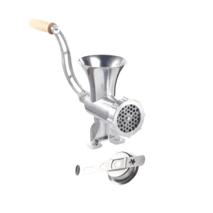 GSW Fleischwolf Größe 8 aus Aluminium mit Holzgriff und Gebäckvorsatz für Küche und Backen.