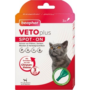 Beaphar VetoPlus Spot-On für Katzen, 3x1ml, zum Schutz vor Zecken, Flöhen, Mücken und Herbstgrasmilben.