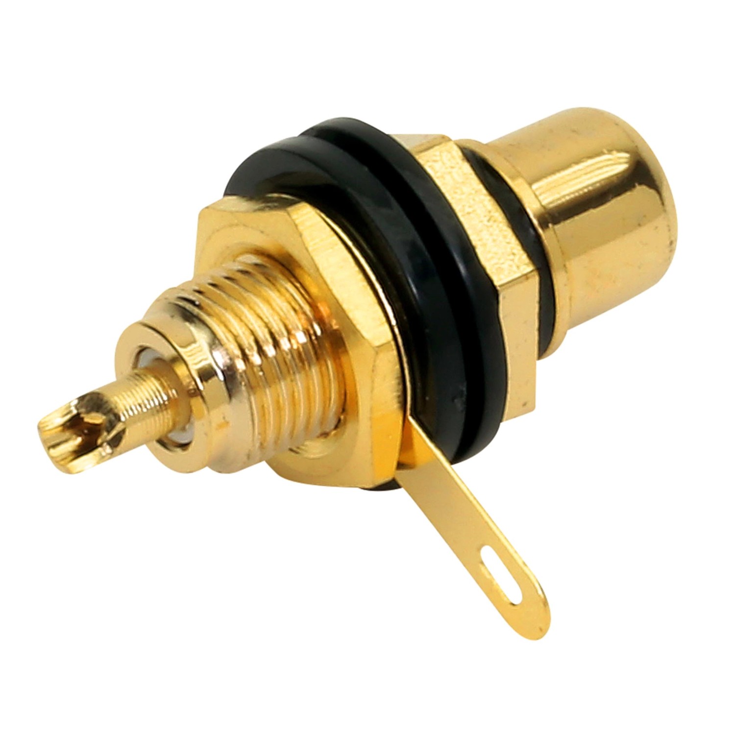 Dynavox Cinch-Einbaubuchse in Schwarz mit vergoldeten Kontakten für Audio-Verkabelung.