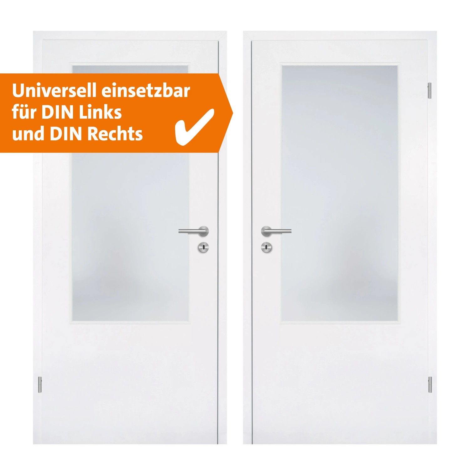 Zimmertüren: Weiße Holztüren mit satiniertem Glasausschnitt für mehr Helligkeit und Privatsphäre.