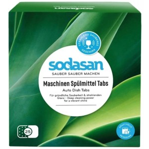 Sodasan Maschinenspülmittel-Tabs 25 Stück in grüner Verpackung mit Blattmuster für sauberes Geschirr.