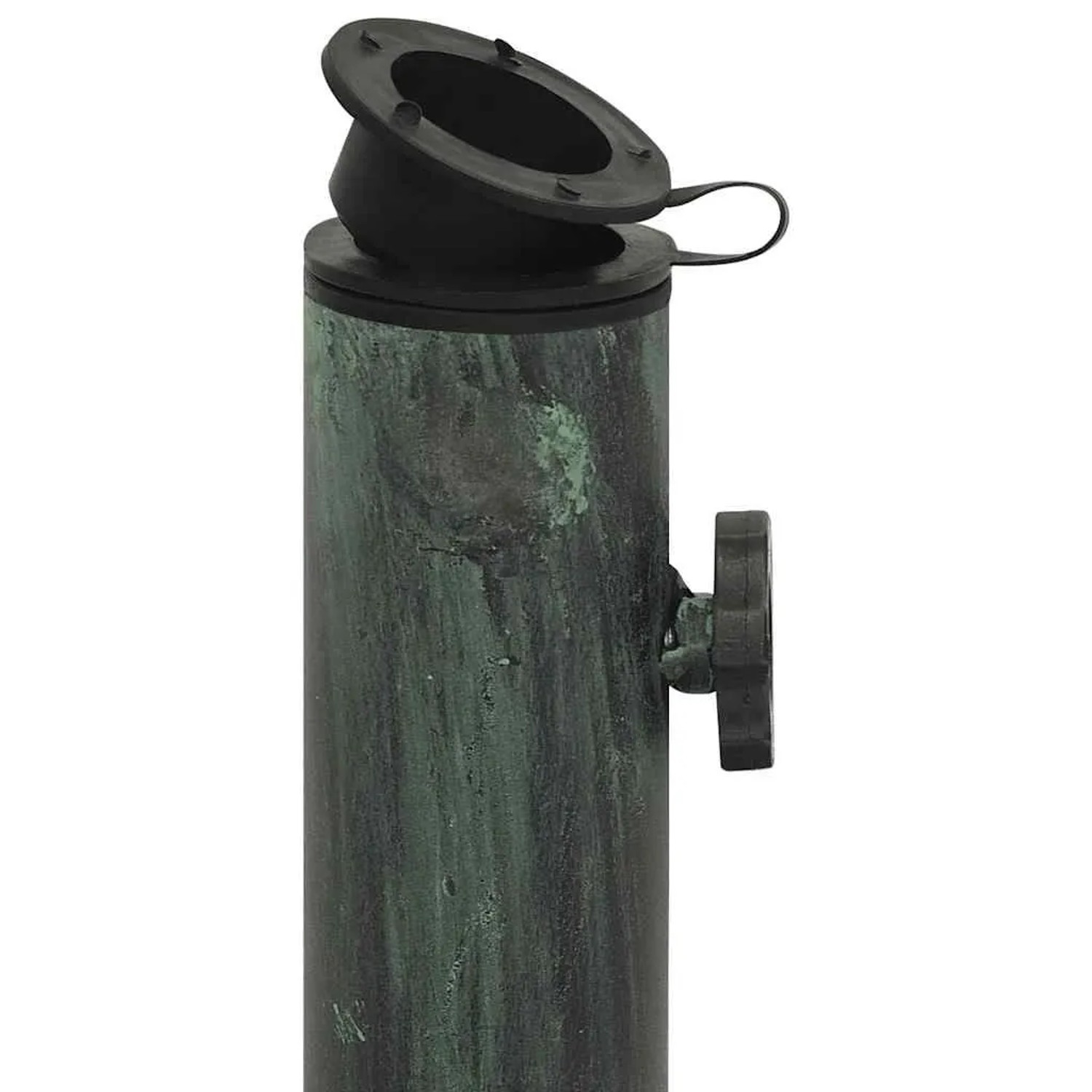 Grüner, strukturierter Gusseisen Sonnenschirmständer mit schwarzem Adapter und Feststellschraube.