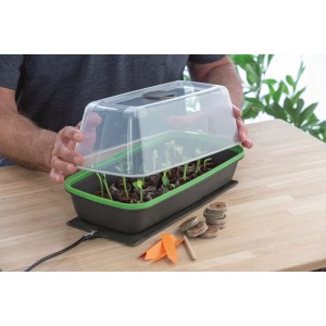 Romberg Heizmatte Style mit Zimmergewächshaus und Anzuchttöpfen für Pflanzenanzucht.