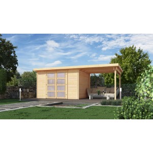 Weka Holz-Gartenhaus Pesaro mit Flachdach und Anbau, unbehandelt.