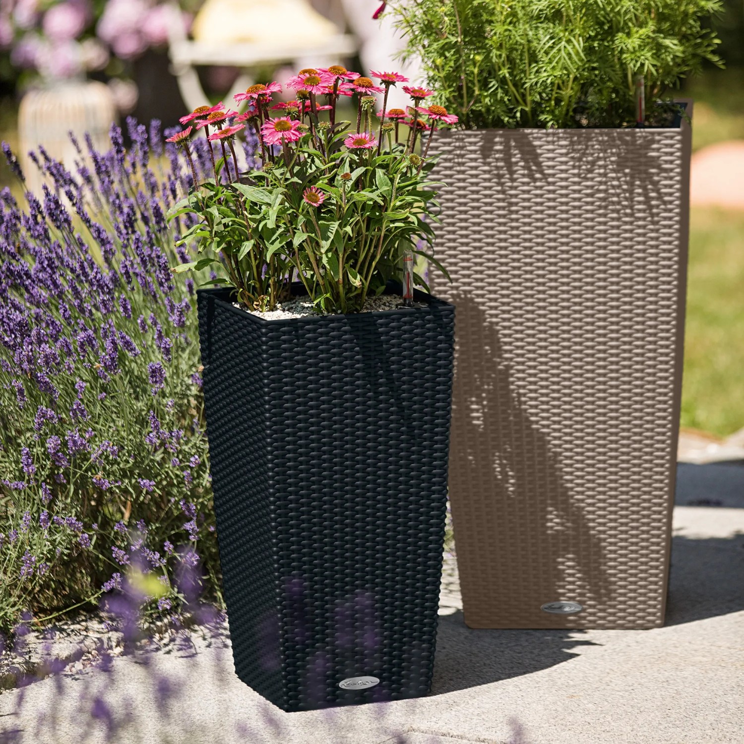 Lechuza Cubico Cottage Pflanzsäule, 30x30x56 cm, sandbraun und schwarz, mit Pflanzen im Garten.