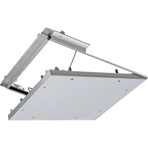 Geöffnete Knauf Revisionsklappe Revo 20x20 cm, luft- und staubdicht, für Gipskartonplatten.