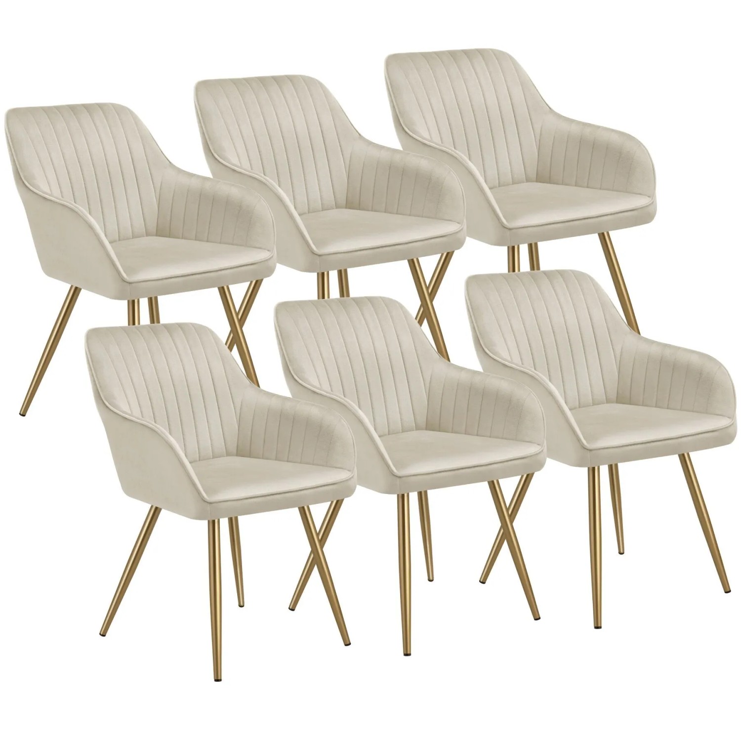 Tectake Esszimmerstuhl Marilyn Gepolstert  In Samtoptik  Gesteppt Durchgehende Lehne 6Er Set 62 x 58 x 82 cm Creme Gold