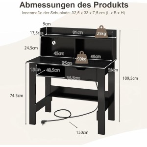 Costway Schreibtisch mit Steckdosen mit Aufsatz Schwarz