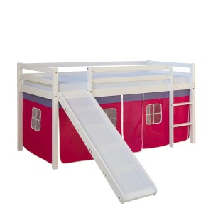 Weißes Homestyle4u Hochbett mit Rutsche und pinkem Vorhang, 90x200 cm.