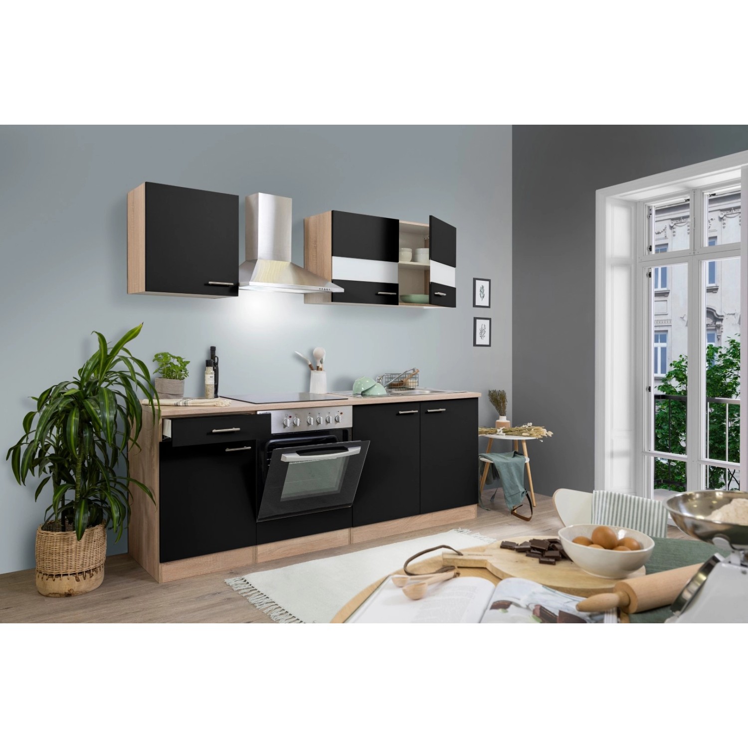 Respekta Küchenzeile/Küchenblock KB210ESSC 210 cm Schwarz-Eiche Sägerau Nachbildung