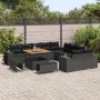 Schwarzes 13-teiliges Garten-Sofa-Set aus Poly Rattan mit höhenverstellbarem Tisch.