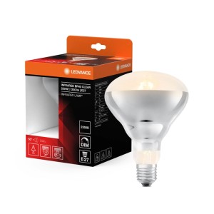 Ledvance Infrared-Leuchtmittel BR40 E27 250W, klar/silber, mit warmem Licht, neben Verpackung.