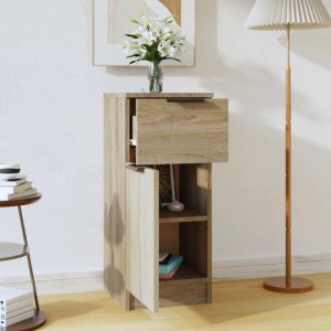 Modernes Sideboard Sonoma-Eiche aus Holzwerkstoff, 30x30x70 cm. Offene Schublade, Tür und Fächer bieten Stauraum.