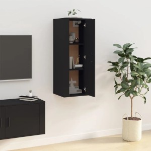 Schwarzer VidaXL TV-Wandschrank (40x34,5x100 cm) mit offenen Türen und Regalen.