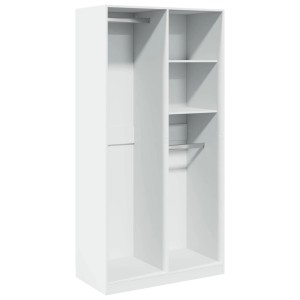 Weißer Kleiderschrank (100x50x200 cm) aus Holzwerkstoff mit Fächern und Kleiderstangen.