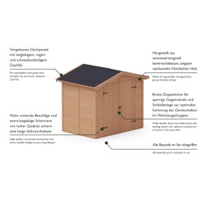 Upyard Gerätehaus aus Holz, imprägniert, 240x170cm, mit Doppeltür und Dachfilz. Ideal zur Garten Geräte Aufbewahrung.