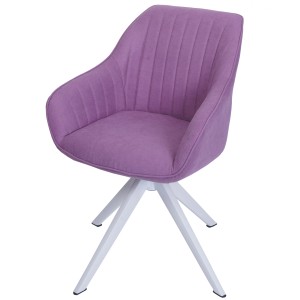 Lila Esszimmerstuhl MCW K27 mit Armlehne und weißem Stativgestell.