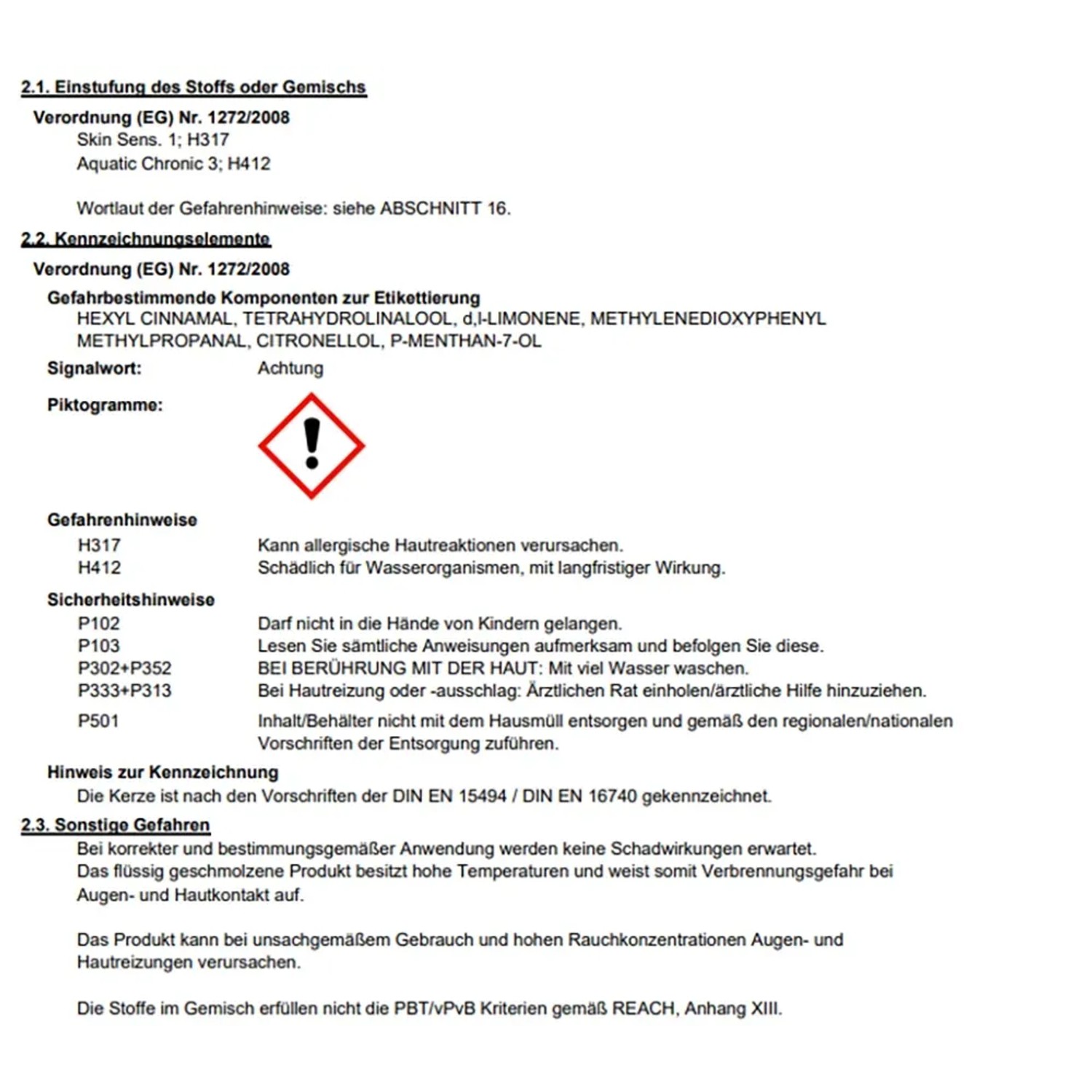 Sicherheitsdatenblatt: Gefahrenhinweise und Sicherheitsvorkehrungen für Kerzen.