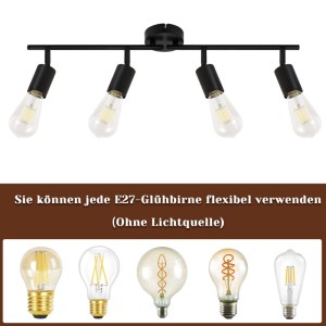 Schwarzer NETTLIFE Deckenstrahler aus Metall mit 4 flexiblen E27 Spots. Ideal für Decke oder Wandmontage.