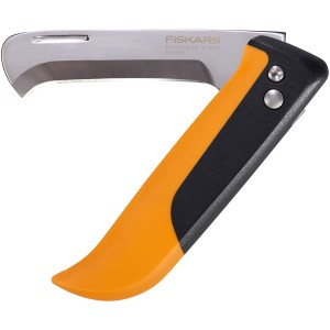 Fiskars Klappmesser Erntemesser X-Serie K80, schwarz-orange, mit gebogener Klinge.