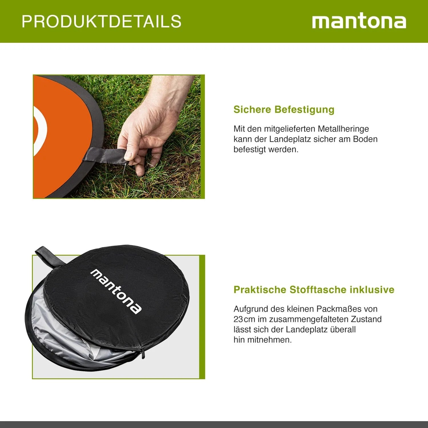 Mantona Drohnen-Landeplatz: Hand befestigt faltbares Landepad im Gras, daneben schwarze Transporttasche.