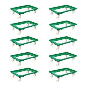 10er Set grüne Transportroller für Euroboxen 60x40 cm, Kunststoffräder, Traglast 300 kg.