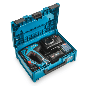 Novus Akkutacker J-551 Set im Koffer: Tacker, Akku, Ladegerät und Klammern.
