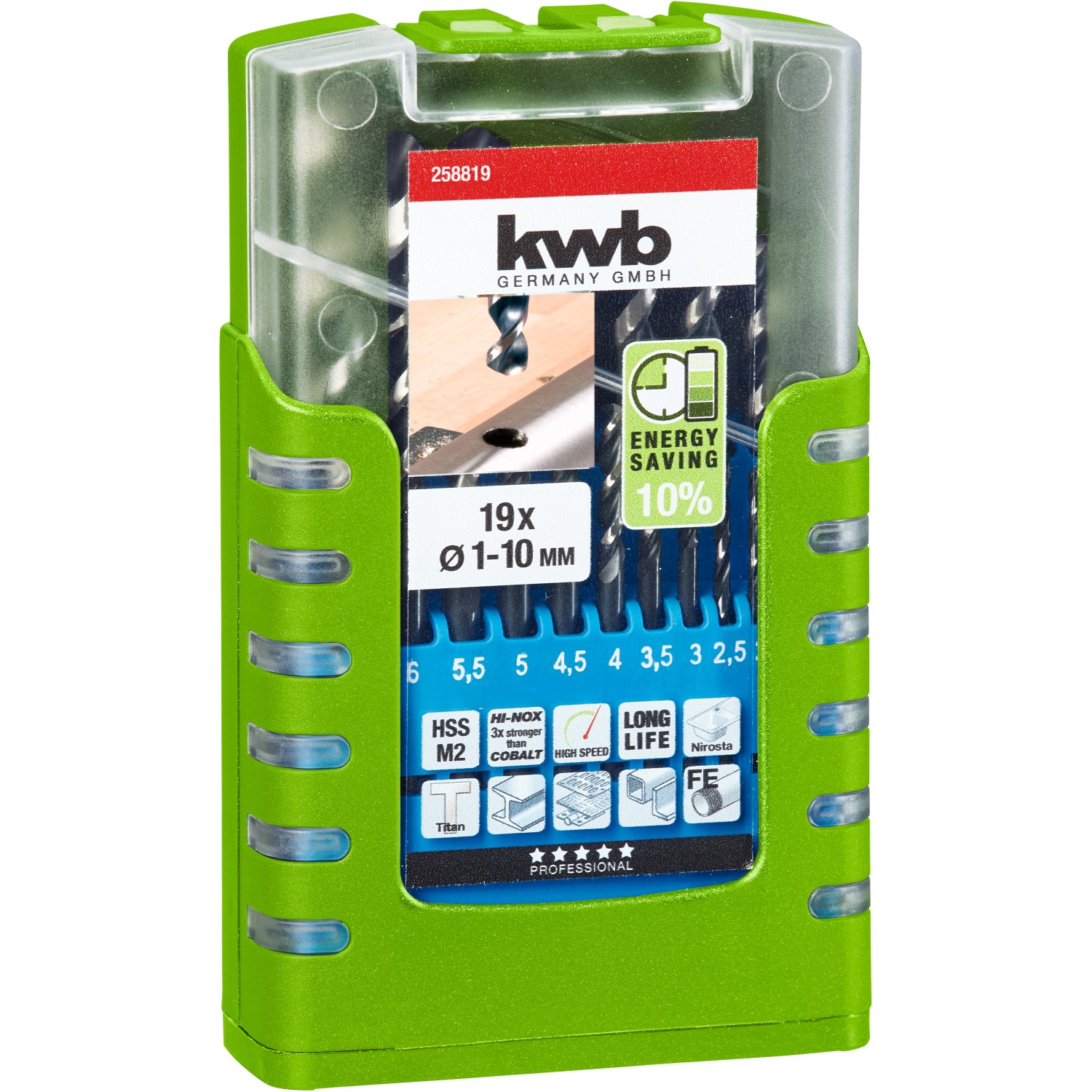 kwb HI-NOX HSS M2 Metallbohrer-Satz, 19-teilig (1-10mm) im grünen Setkasten.