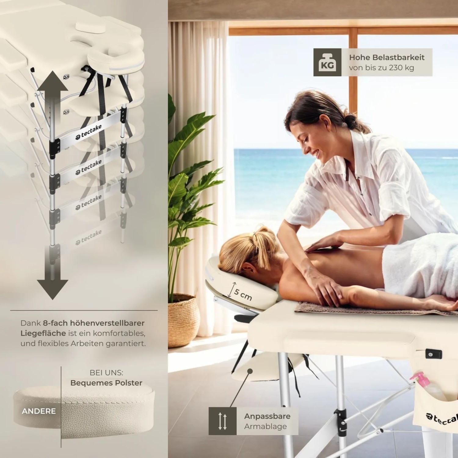 Tectake 3 Zonen Massageliege Phuket Breite 70 cm  Polsterung 5 cm Inklusive Tragetasche und 15 Einwegtücher  212 x 103 x 90 cm Beige_4