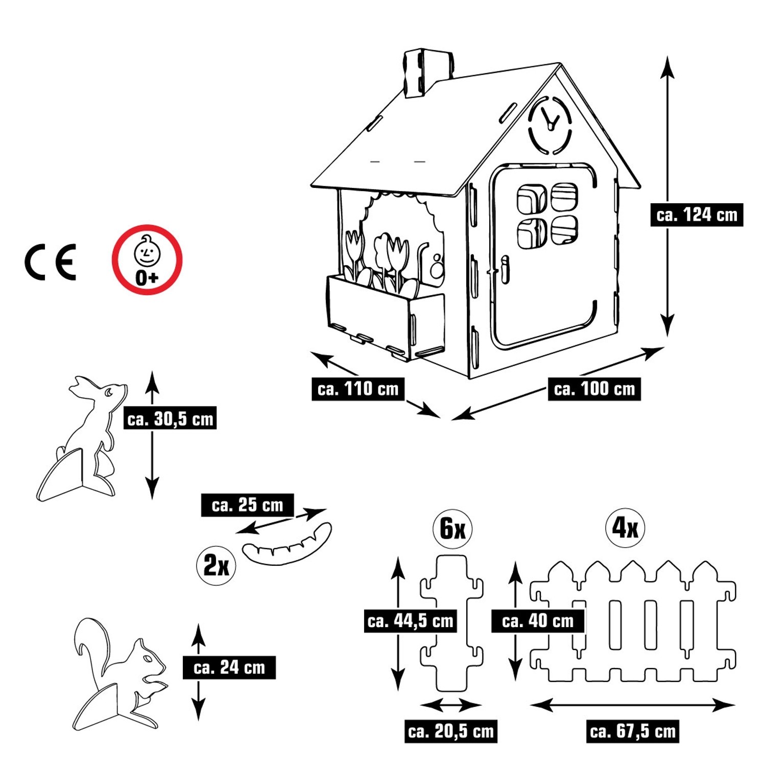 Skizze: smalla Kinder Spielhaus aus Filz mit Zubehör und Maßangaben.