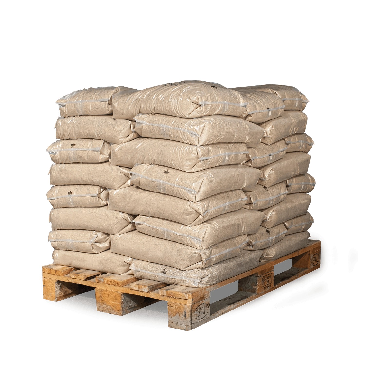Palette mit 40 Säcken Galamio Quarzsand (0,2-2,0 mm, 25kg). Schüttgut für vielfältige Anwendungen.