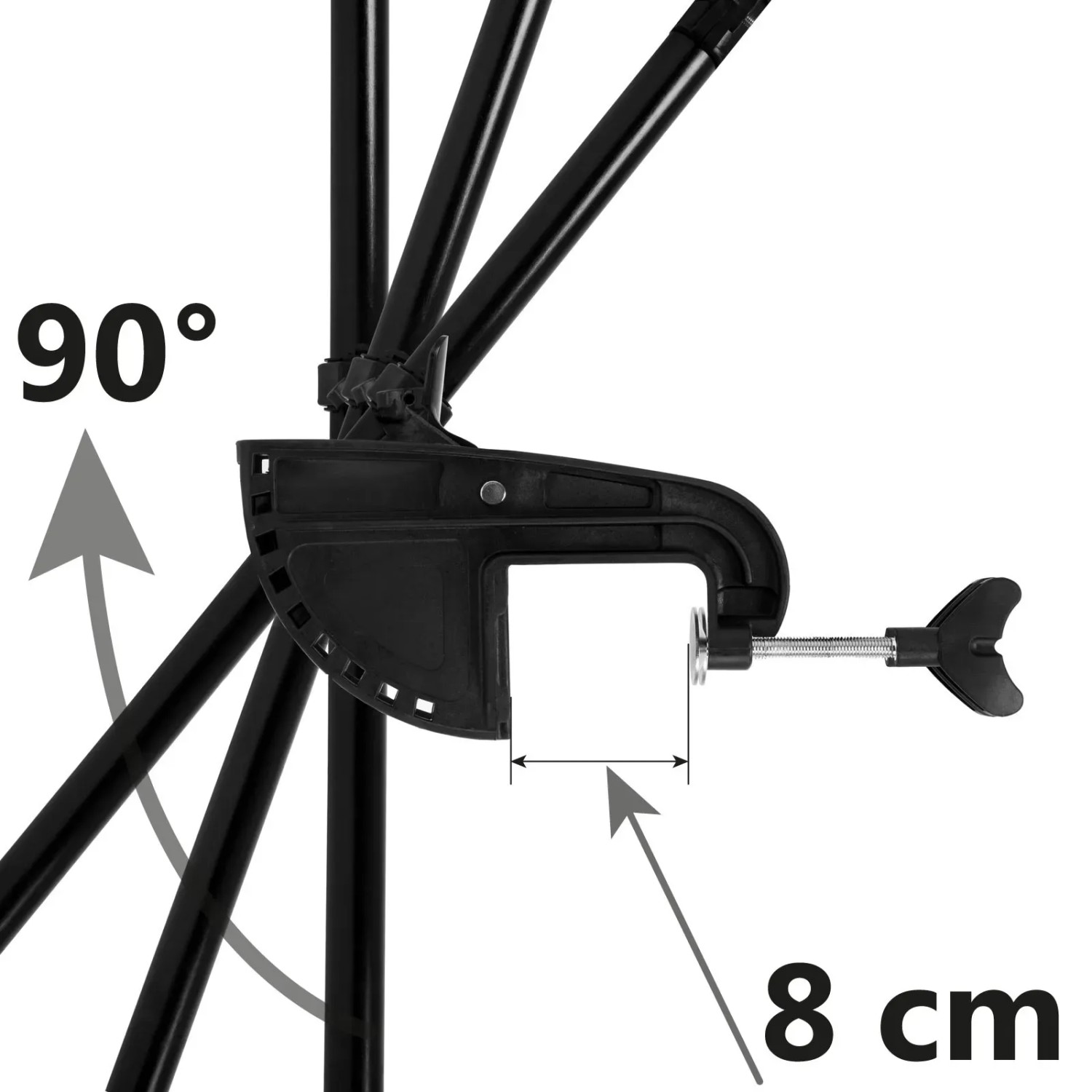 Detailaufnahme der Halterung des EBERTH Außenborder Elektromotors mit Schraubzwinge und 8 cm max. Aufnahme.