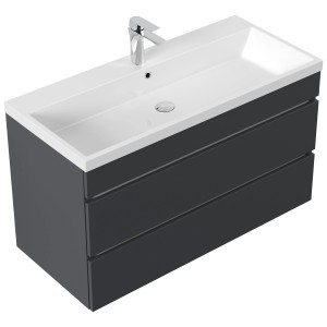 Posseik Badmöbel Fellini 100 in Grafit mit grifflosen Schubladen und Mineralgussbecken.