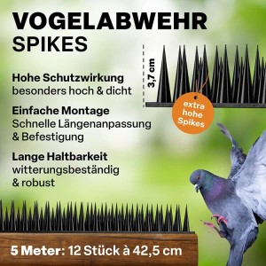 Vogelabwehr Spikes, 20m Set aus Kunststoff zur Taubenabwehr und als Vogelschreck für Dachrinne und Balkon.
