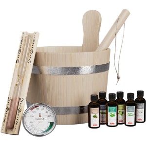 Eilo Sauna Zubehör-Set B: 7-teilig mit Kübel, Kelle, Düften, Klimamesser, Sanduhr und Baderegeln.