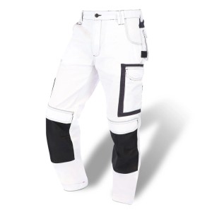 Weiße Eliworx Workwear Bundhose mit schwarzen Kniepolstern, praktischen Taschen und Reflexstreifen.