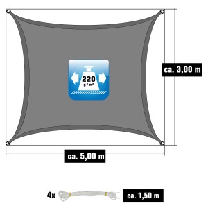 Graues, rechteckiges AMANKA Sonnensegel 5x3m mit Seilen. Atmungsaktives HDPE Sonnensegel.